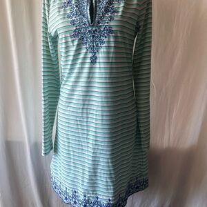 Cabana Life Aqua and White Striped Long Sleeve Dress